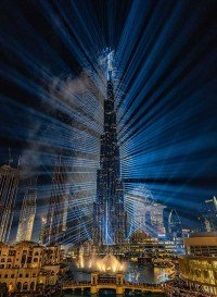 Burj Khalifa lit by 250 PR Lighting AQUA 580 Beam for New Year spectacular